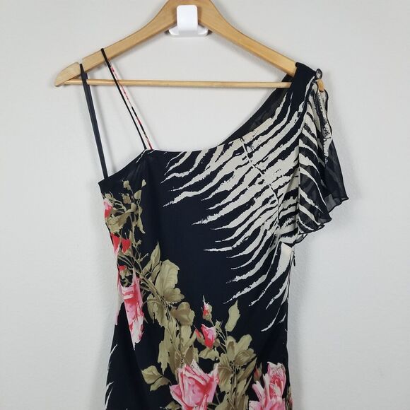 Alberto Makali Black Floral Asymmetrical One Shoulder Maxi Rayon Dress Size 8 - Picture 10 of 16